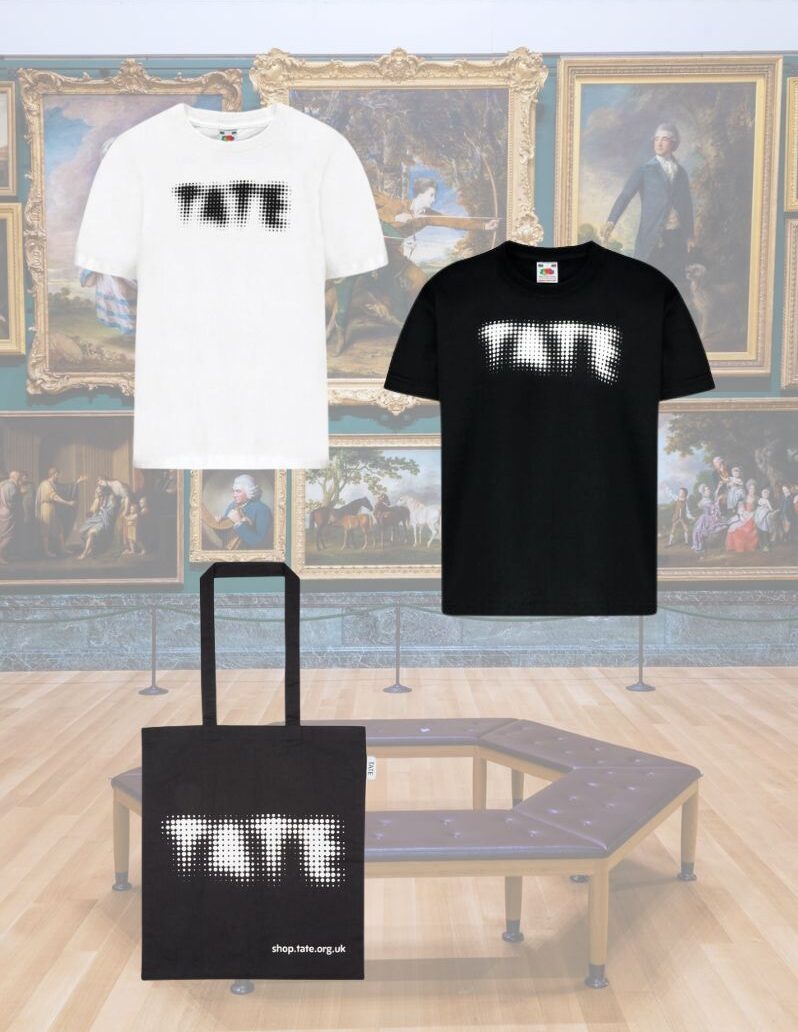 Tate Museum Custom t-shirts with logo in black and white. Custom tote bag with logo